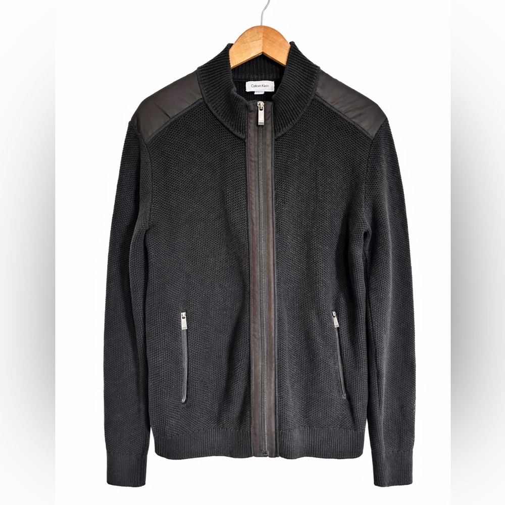 Calvin Klein Black Waffle Knit Zip Sweater Jacket L